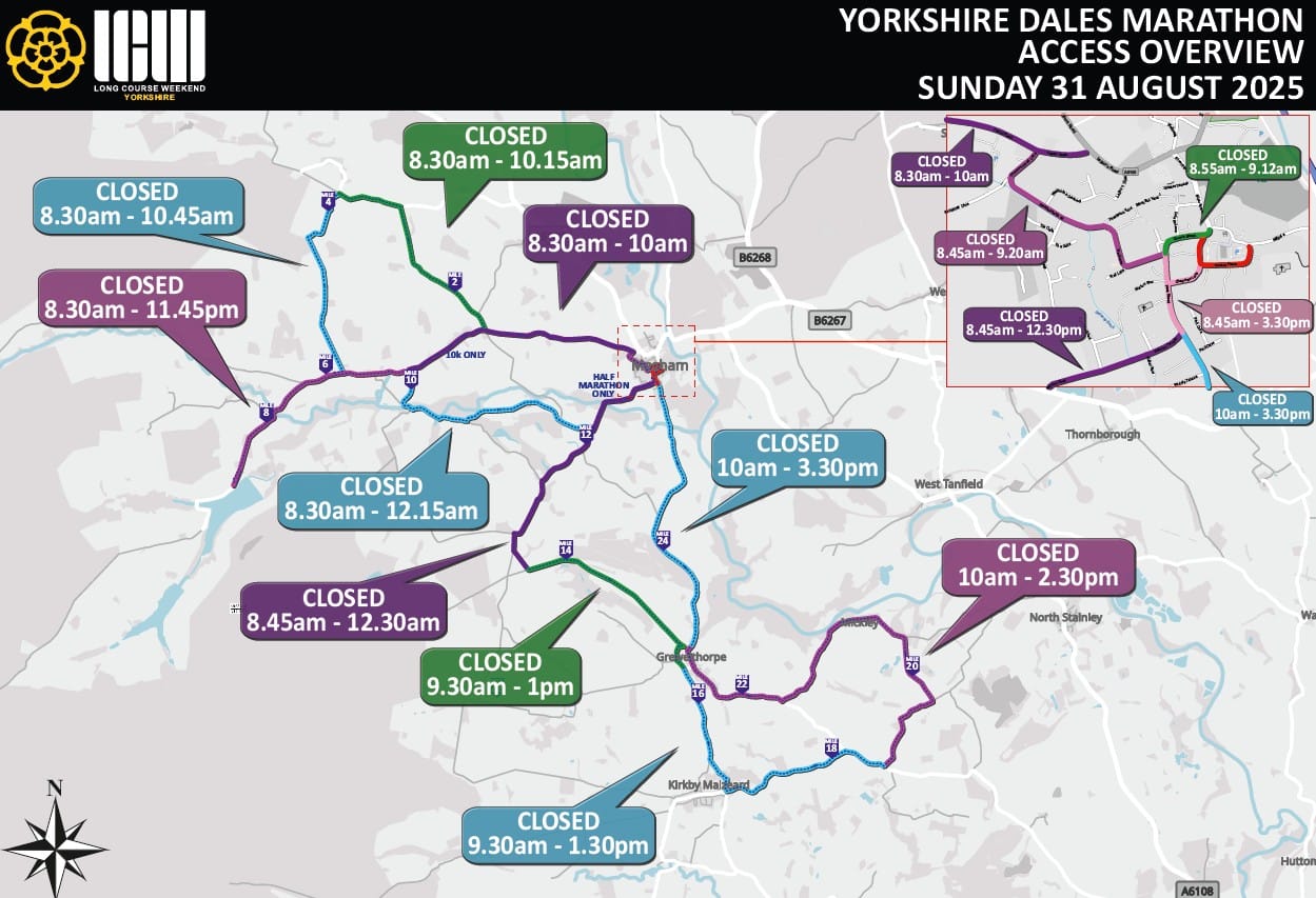 Long Course Weekend Road Closures Map for Masham and nearby